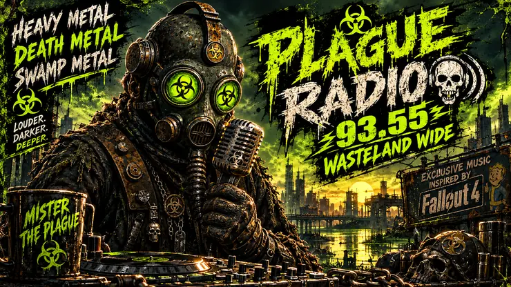 A hooded radio DJ with bright radioactive-green lenses above a Plague Radio heavy metal broadcast
