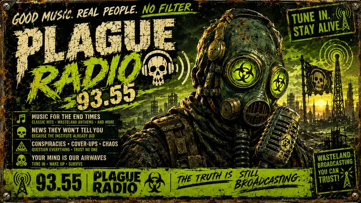 Plague Radio 93.55 FM poster with green gas-mask goggles and a weathered retro broadcast layout