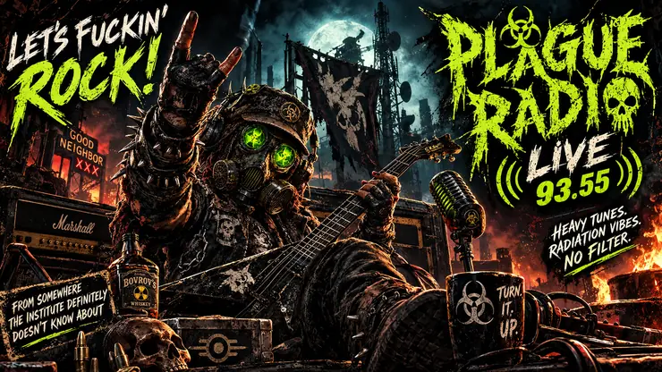 Mister The Plague playing electric guitar in a burning ruined city beneath a loud Plague Radio sign