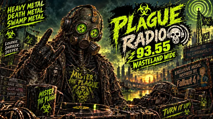 Mister The Plague in a hood and gas mask with a vintage microphone in a ruined urban wasteland