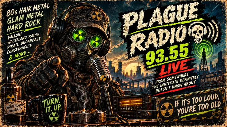 Plague Radio 93.55 live poster with a gas-masked host pointing and the slogan if it is too loud you are too old