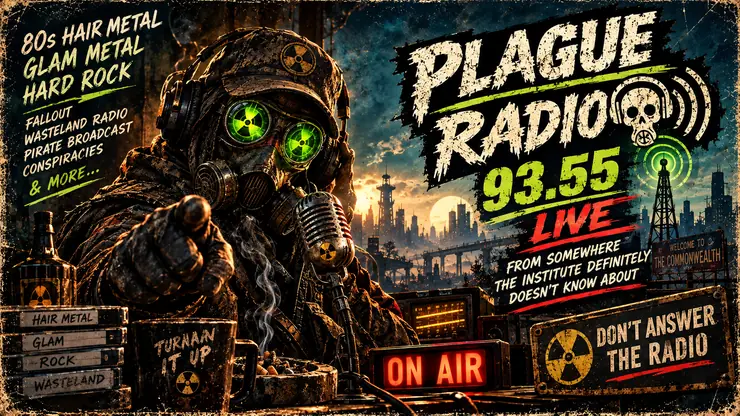 Plague Radio 93.55 live broadcast poster with a hooded gas-mask DJ, fallout city and radioactive green lettering