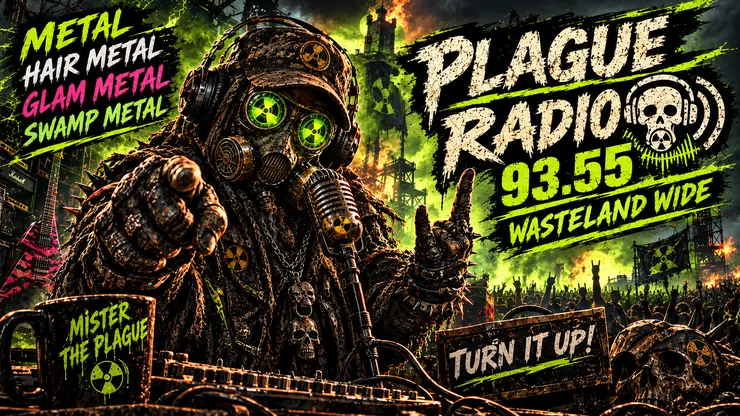 Post-apocalyptic Plague Radio poster naming heavy, hair, glam and swamp metal with glowing green gas-mask eyes