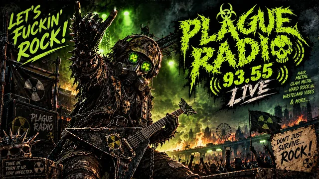 Gas-masked wasteland musician holding an electric guitar before a radioactive-green Plague Radio sign