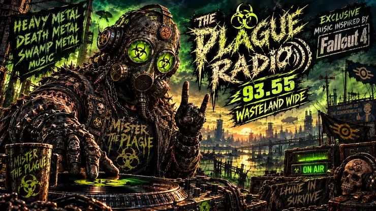 Wasteland radio DJ beside vintage radio equipment and an on-air light on a Plague Radio promotional poster