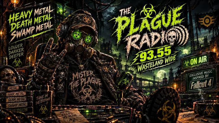 Hooded radio host at a battered broadcasting console under radioactive-green Plague Radio station lettering