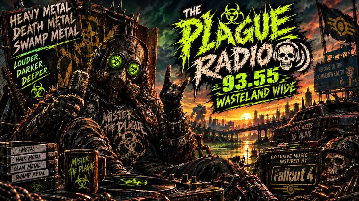 Plague Radio broadcast poster with glowing green lettering, on-air console and derelict city at night