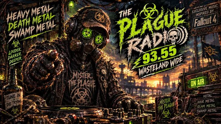 Gas-masked pirate DJ with green glowing eyes, transmitters and ruined city behind a Plague Radio 93.55 banner