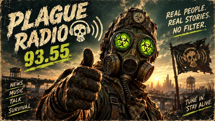 Retro wasteland Plague Radio poster with a glowing-eyed masked broadcaster and old roadside sign