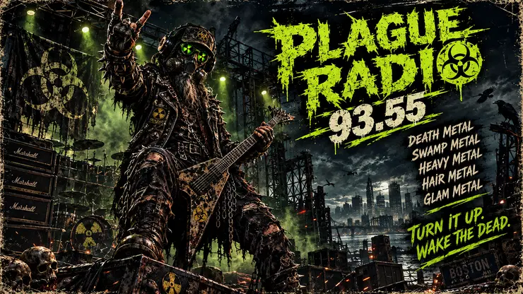 Hooded heavy metal broadcaster with glowing gas-mask eyes and the Plague Radio 93.55 FM banner