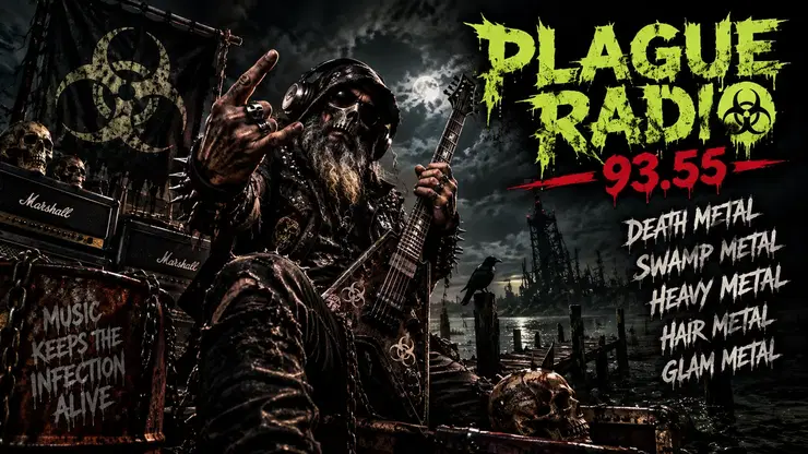 Original Plague Radio swamp metal promotional artwork for late-night wasteland listening