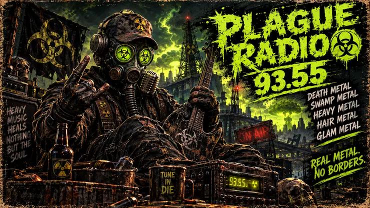 A gas-mask pirate radio host at a ruined studio desk beneath a glowing green Plague Radio 93.55 sign