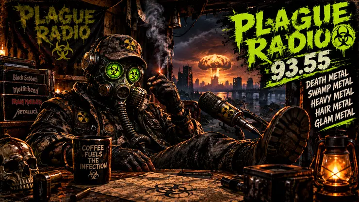 Mister The Plague in a dark vintage radio room with old microphone, lantern and weathered equipment