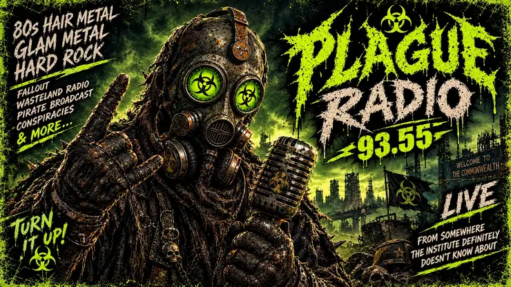 Post-apocalyptic heavy-metal radio artwork with a haunted Commonwealth city and a wasteland broadcast signal