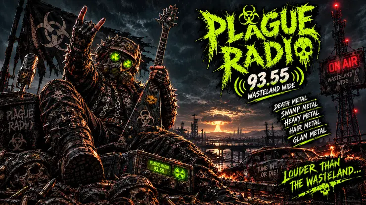 A hooded gas-mask guitarist amid post-apocalyptic rubble under the Plague Radio broadcast logo