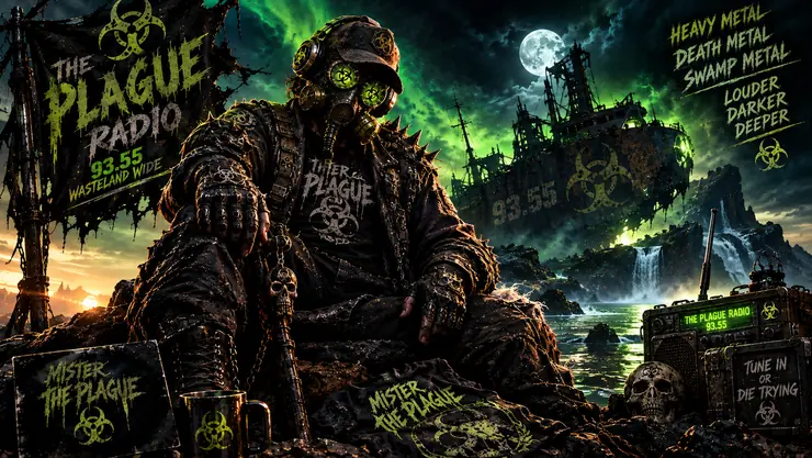 Mister The Plague seated in a ruined wilderness scene overlooking a misty blue lake and wrecked buildings